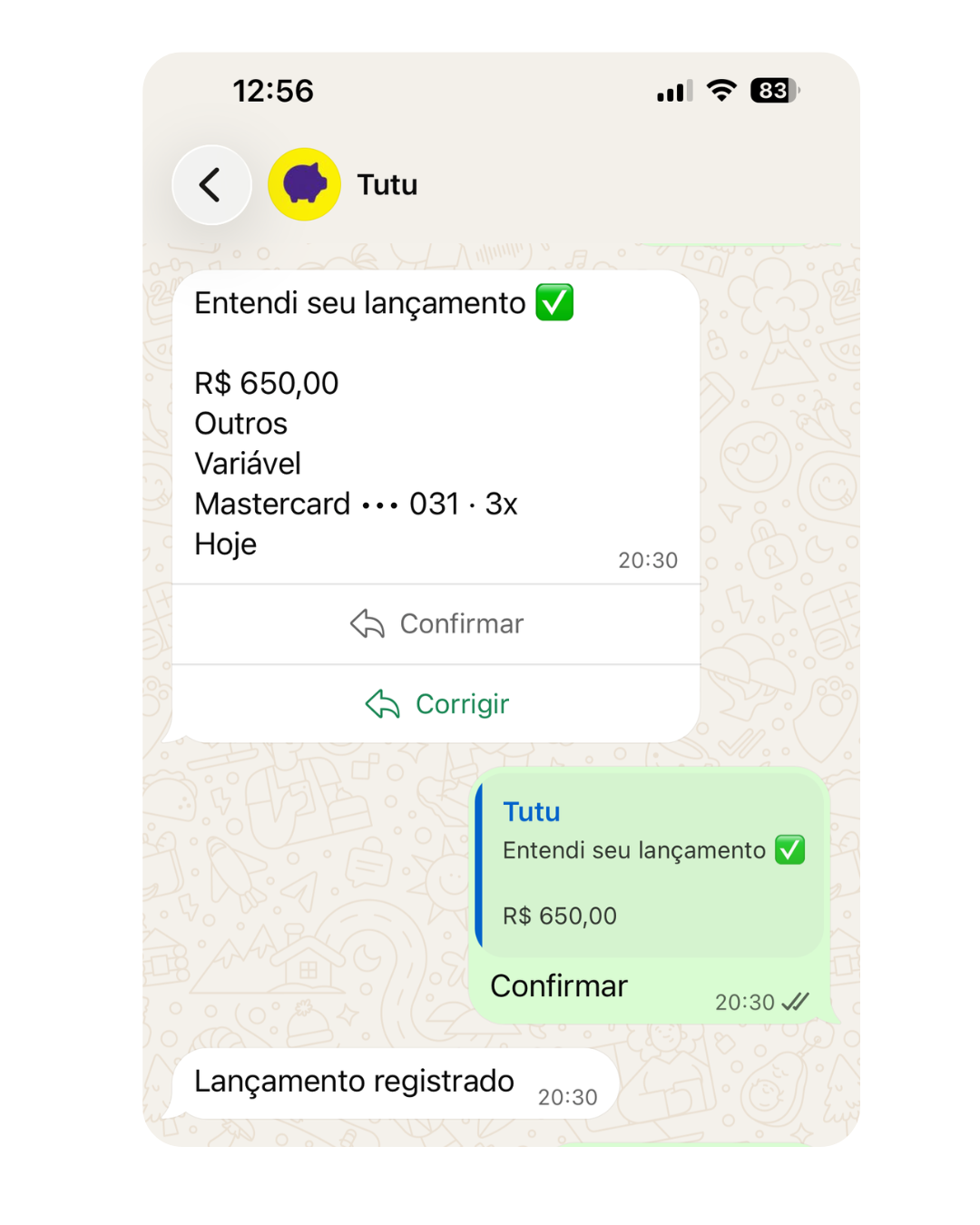 Exemplo real de lançamento no WhatsApp do tutu com confirmação e registro concluído